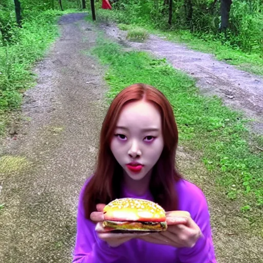 Image similar to Trailcam footage of Chuu from LOONA eating a burger