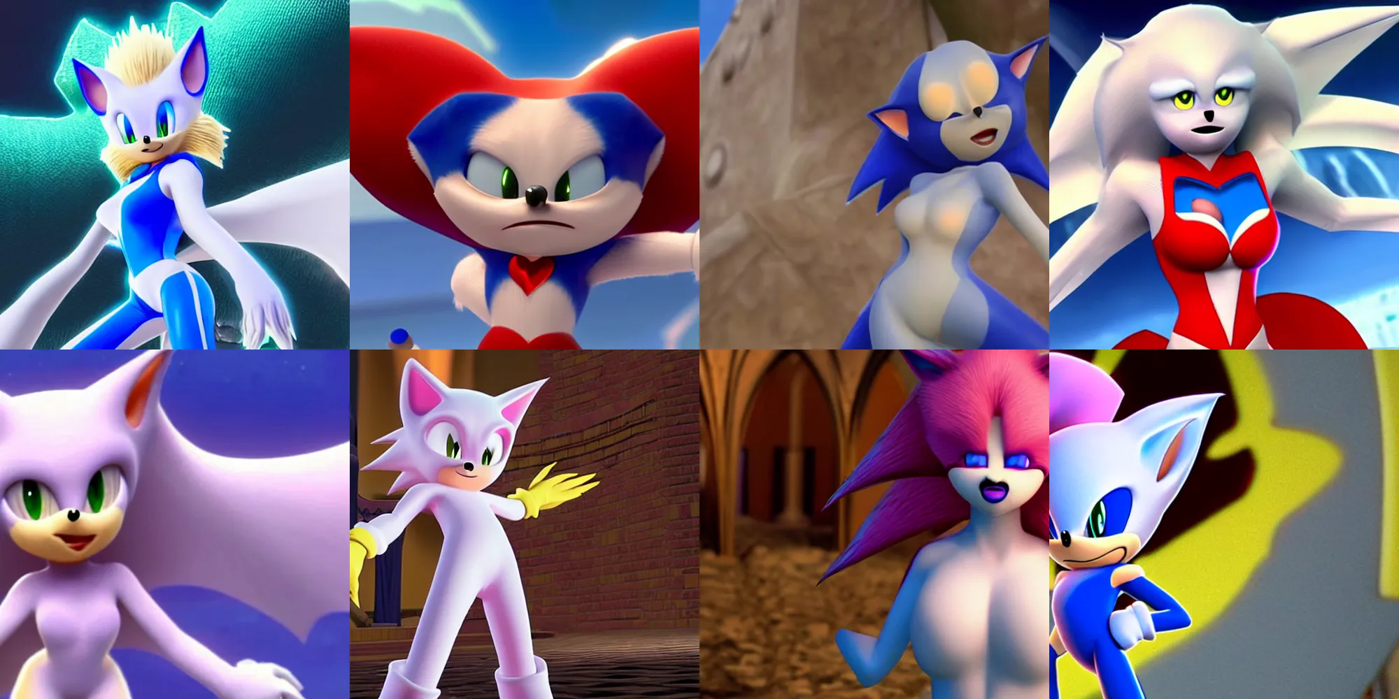 Prompt: an albino female bat wearing a heart, makeup and a skin tight bodysuit in sonic the hedgehog ( 2 0 1 8 )