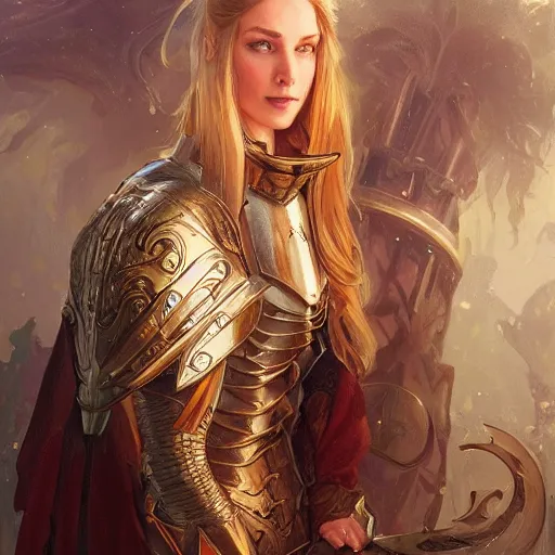 Image similar to portrait of Emma watsson in armor, D&D, fantasy, intricate, elegant, highly detailed, digital painting, artstation, concept art, smooth, sharp focus, illustration, art by artgerm and greg rutkowski and alphonse mucha