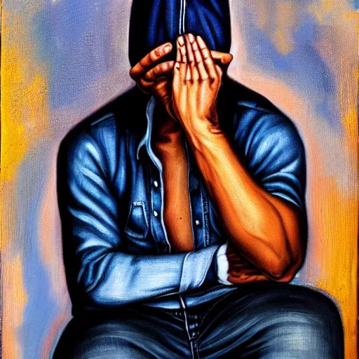 Image similar to A handsome man with a pair of pants around his head, long denim jeans on his head, jeans covering his eyes, oil on canvas