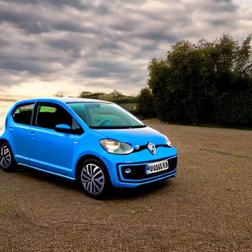 Prompt: a flying Volkswagen Up!