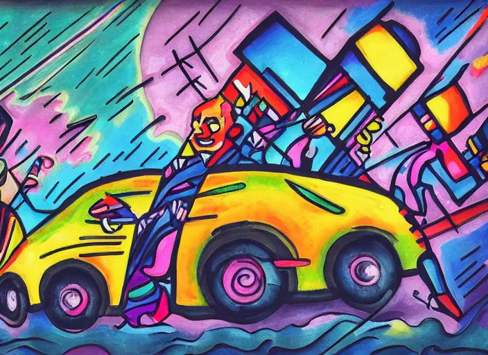 Image similar to a squad riding to party inside car, 5 people, water splashes, pop art, party lightning, evening, kandinsky, trending on art station, prolongated lines, neon tails, photorealistic style