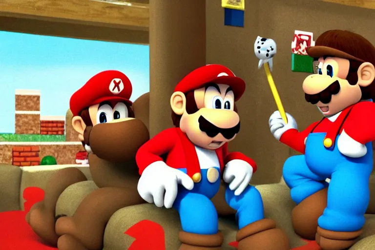 Image similar to a photo made with a disposable camera of Donkey Kong sitting next to Super Mario on the couch while playing a video game