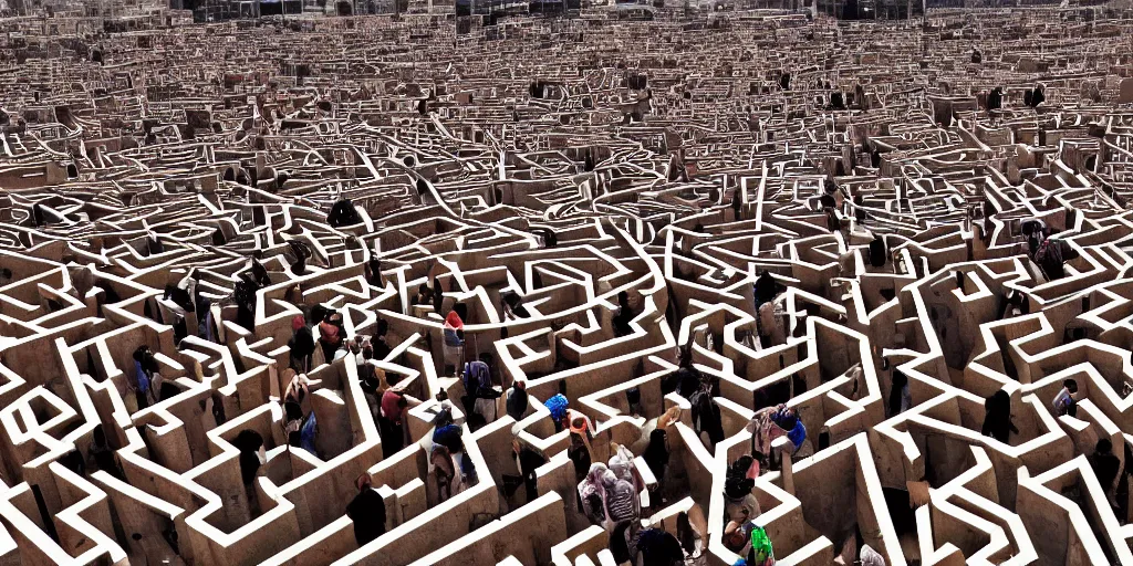 Image similar to intricate maze plenty of humans trying to reach the top