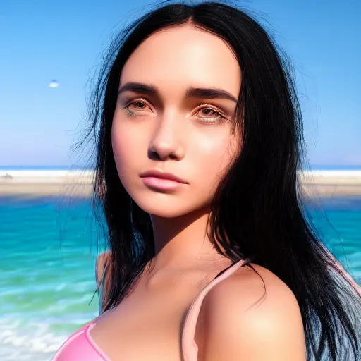 Image similar to real life photo of a beautiful girl, full body photoshoot, short black hair yellow tips, golden watery eyes, full round face, short smile, pale pink bikini, serene beach setting, cinematic lightning, medium shot, mid - shot, highly detailed, trending on artstation, unreal engine 4 k, 8 0 mm, 8 5 mm, cinematic wallpaper