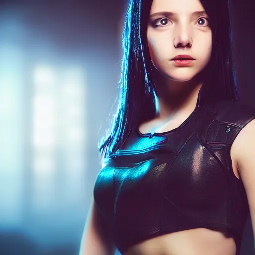 Image similar to a beautiful young woman, cyberpunk, cinematic, studio lighting, 8 k, highly detailed, rule of thirds