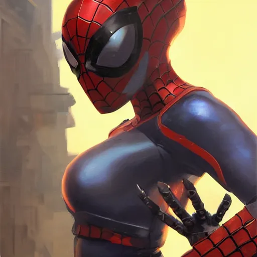 Image similar to greg manchess portrait painting of partially armored female iron spiderman as overwatch character, medium shot, asymmetrical, profile picture, organic painting, sunny day, matte painting, bold shapes, hard edges, street art, trending on artstation, by huang guangjian, gil elvgren, ruan jia, greg rutkowski, gaston bussiere