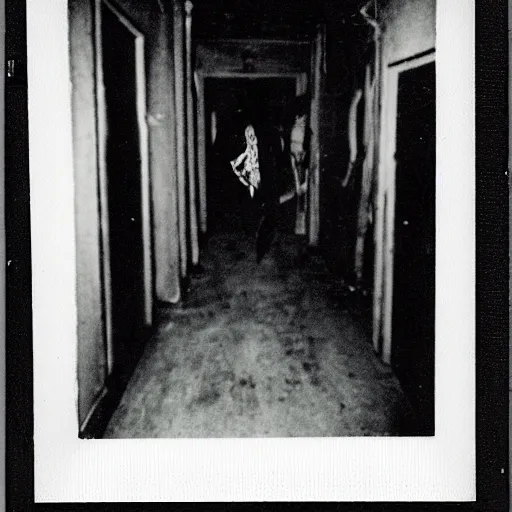 Image similar to tarman from the return of the living dead at the end of a dark hallway, polaroid,