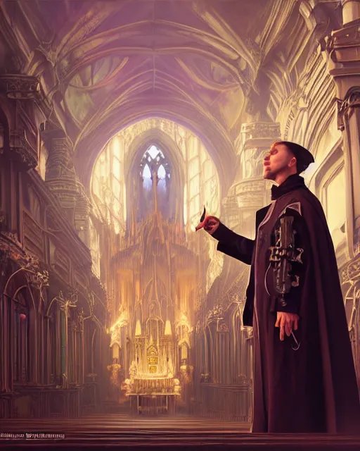 Prompt: highly detailed surreal vfx portrait of a steampunk priest in a steampunk cathedral, stephen bliss, unreal engine, greg rutkowski, loish, rhads, beeple, makoto shinkai and lois van baarle, ilya kuvshinov, rossdraws, tom bagshaw, alphonse mucha, global illumination, detailed and intricate environment