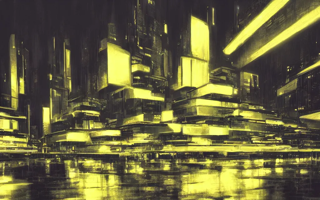 Image similar to futuristic city at night with rain, in the style of syd mead,