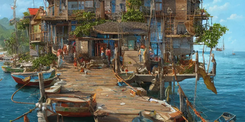 Image similar to a little fisher village in cuba, wood pier and houses, nets and boats, house made with boat parts, scenic view, bright day, hyper realistic, matte painting by marc simonetti and rhads and donato giancola, trending on artstation