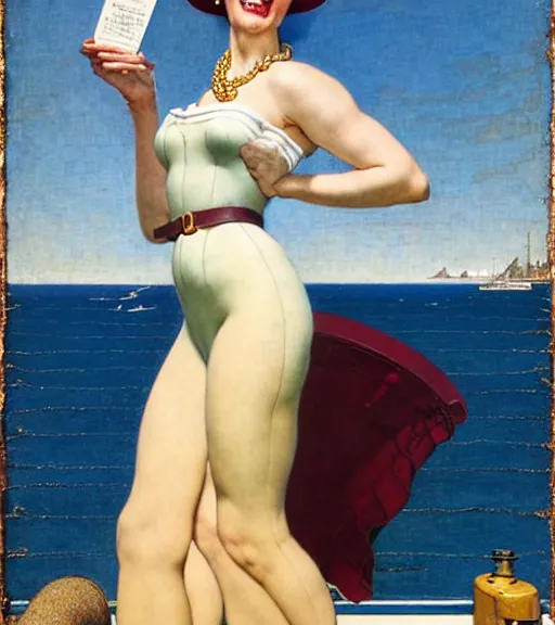 Image similar to a beautiful silicone lady standing on a wharf at the edge of the sea as a magic the gathering card by gil elvgren and william blake and norman rockwell, crisp details, hyperrealism, smiling, happy, feminine facial features, stylish navy blue heels, gold chain belt, cream colored blouse, maroon hat, windblown, holding a leather purse