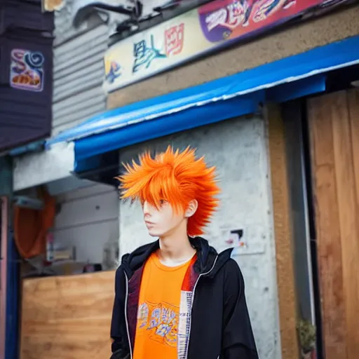 Image similar to orange - haired anime boy, 1 7 - year - old anime boy with wild spiky hair, wearing blue jacket, battle aura, in front of ramen shop, strong lighting, strong shadows, vivid hues, raytracing, sharp details, subsurface scattering, intricate details, hd anime, high - budget anime movie, 2 0 2 1 anime