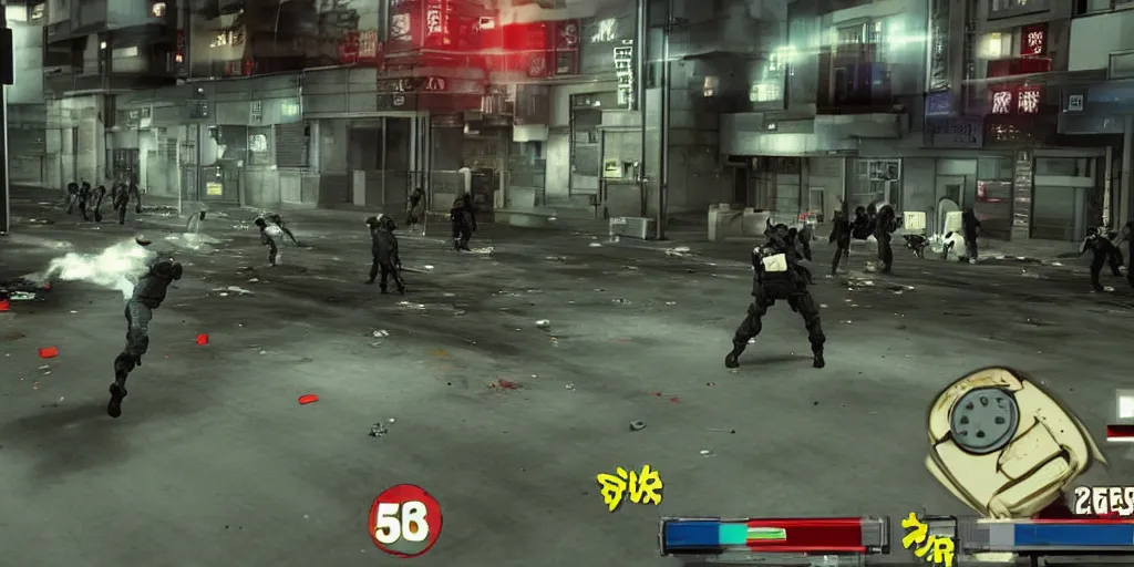 Image similar to 1998 Video Game Screenshot, Anime Neo-tokyo Cyborg bank robbers vs police, Set in Bank Vault Room, bags of money, Multiplayer set-piece, Police officers hit by bullets :5, Police Calling for back up, Bullet Holes and Blood Splatter, :2 ,Hostages, Smoke Grenades, Large Caliber Sniper Fire, Chaos, Cyberpunk, Money, Anime Bullet VFX, Machine Gun Fire, Violent Gun Action, Shootout :3 , Highly Detailed, 8k :6 by Katsuhiro Otomo + Studio Gainax : 8