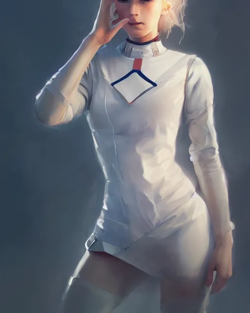 Image similar to beautiful nordic woman wearing futuristic nurse outfit, beautiful, detailed portrait, cell shaded, 4 k, concept art, by wlop, ilya kuvshinov, artgerm, krenz cushart, greg rutkowski, pixiv. cinematic dramatic atmosphere, sharp focus, volumetric lighting, cinematic lighting, studio quality