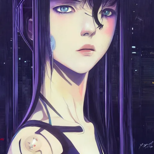 Image similar to A beautiful cyborg woman with glowing eyes || VERY ANIME, fine-face, realistic shaded perfect face, fine details. Anime. realistic shaded lighting poster by Ilya Kuvshinov katsuhiro otomo ghost-in-the-shell, magali villeneuve, artgerm, Jeremy Lipkin and Michael Garmash, Rob Rey and Kentarõ Miura, trending on art station