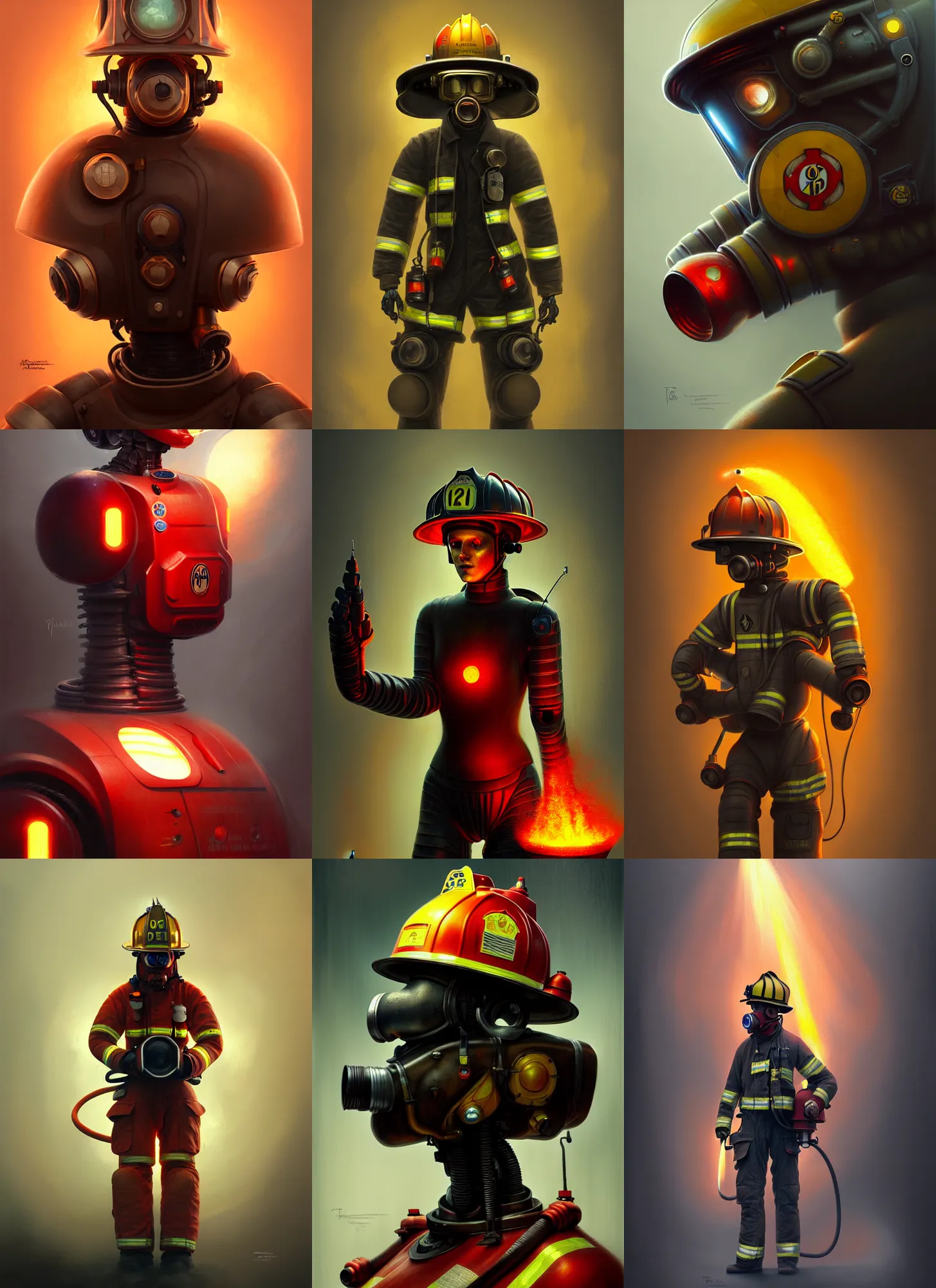 Prompt: a firefighter robot, diffuse lighting, fantasy, highly detailed, photorealistic, digital painting, artstation, illustration, concept art, smooth, sharp focus, in the style of tom bagshaw