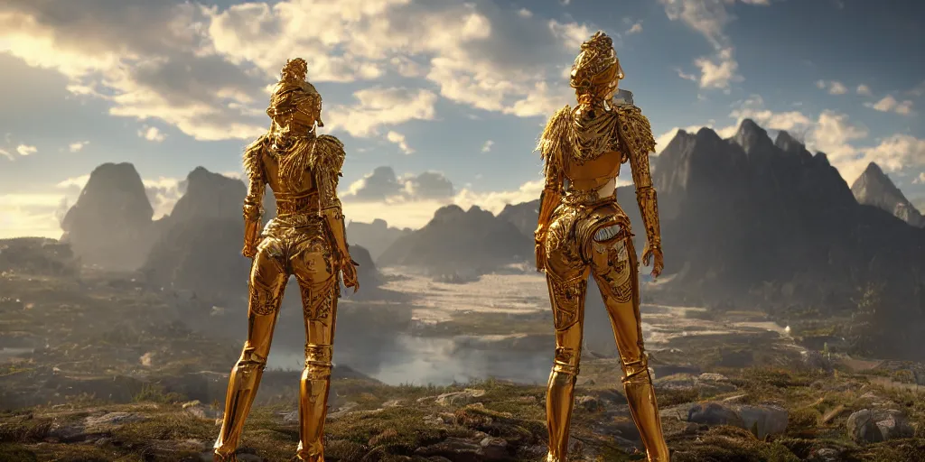 Prompt: a photo of 8 k ultra realistic golden humanoid princess standing next to a beautiful view, ornate white armour with gold highlights, cinematic lighting, trending on artstation, 4 k, hyperrealistic, focused, extreme details, unreal engine 5, cinematic, masterpiece