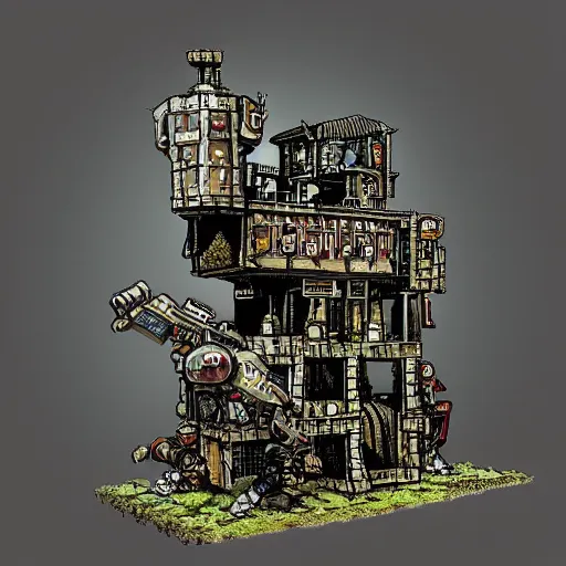 Prompt: warhammer battle tower, in the style of metal slug