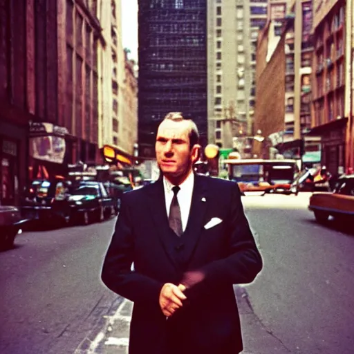 Image similar to portrait of a man in a suit in the streets of new york, 1 9 6 0 s, colour film street photography, photo taken with ektachrome, featured on flickr, photographed on damaged film