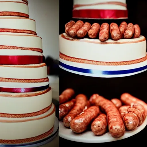 Image similar to a wedding cake made entirely out of sausages with ketchup sauce. During wedding. Highly detailed 8k