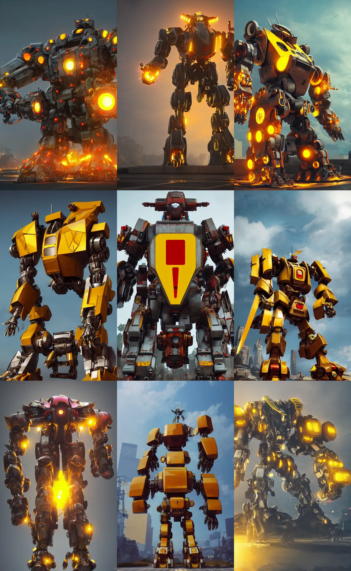 Prompt: giant mecha gladiator robot wearing yellow road signs and a red stop sign on its head, character design trending on artstation, mecha, unreal engine, octane render, detailed model, hardware modelling, epic battle