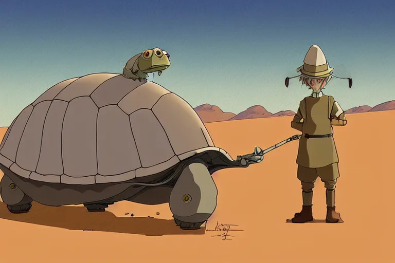 Image similar to a study of a cell shaded cartoon of a grey mechanized tortoise from howl's moving castle ( 2 0 0 4 ), on a desert road, full body, wide shot, very muted colors, post grunge, studio ghibli, laurie greasley, highly detailed, deviantart, art by artgem