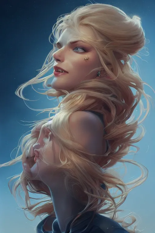 Image similar to an insanely detailed portrait of a beautiful woman facing you, highly detailed features, sparkling blue eyes, long eyelashes, long golden blonde hair, beautiful smile, in the style of peter mohrbacher, artgerm, dramatic lighting and composition, octane render, trending on artstation, concept art 8 k