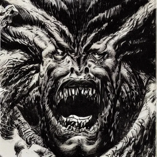 Prompt: hairy, thick muscled, overbearing, hungry, menacing, giant painted by bernie wrightson,