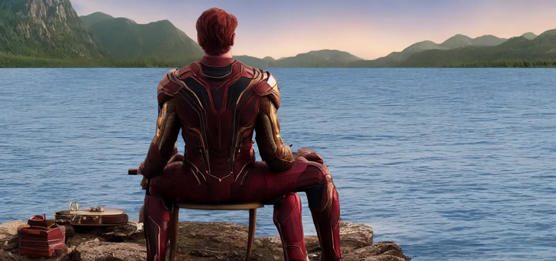 Image similar to a very high resolution image from a new movie. thanos sitting on chair in a lake, photorealistic, photography, directed by wes anderson