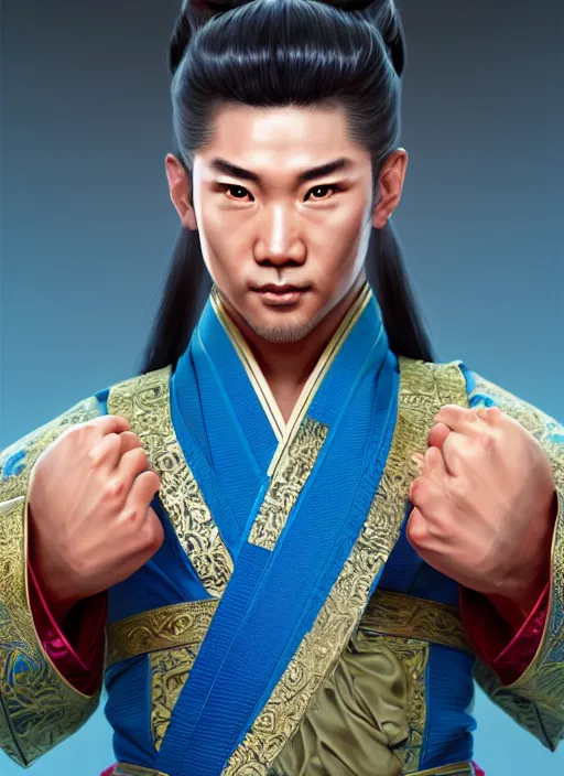 Prompt: male martial artist with a high ponytail!!! asian facial features and blue eyes!! intricate ornate blue robes!! character concept art, sharp focus, octane render! unreal engine 5! highly rendered!! trending on artstation!! detailed linework!! illustration by artgerm, wlop, and chie yoshii