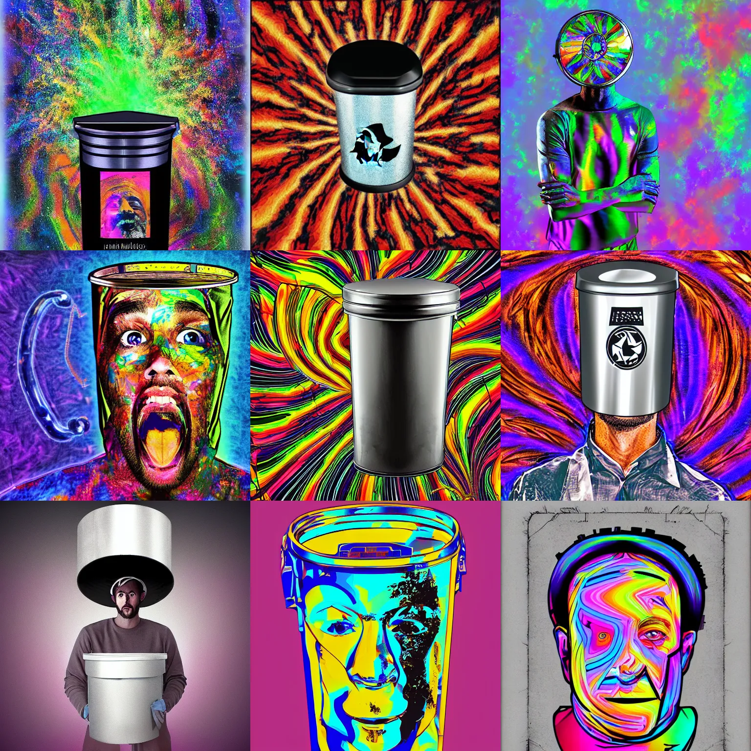 Prompt: a man with an aluminum trash can over his head, psychedelic, digital art