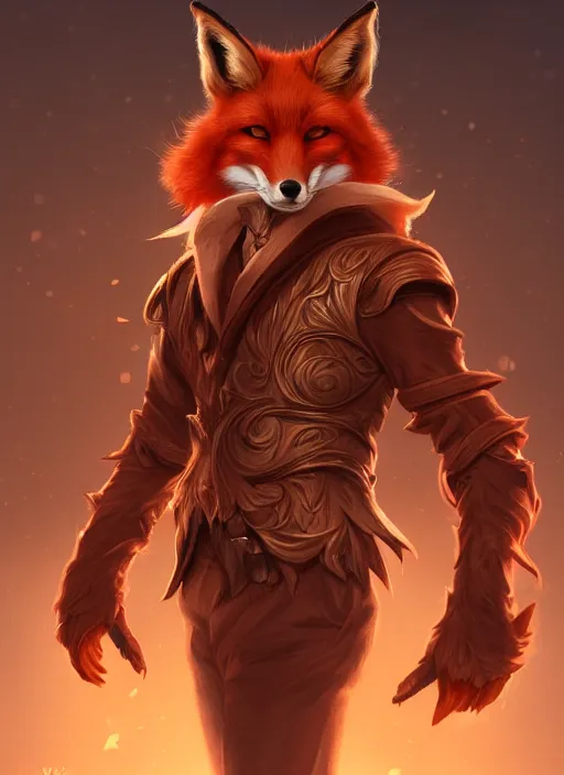 Image similar to a highly detailed illustration of attractive young red haired man with fox ears wearing brown suit, dramatic pose, intricate, elegant, highly detailed, centered, digital painting, artstation, concept art, smooth, sharp focus, league of legends concept art, wlop