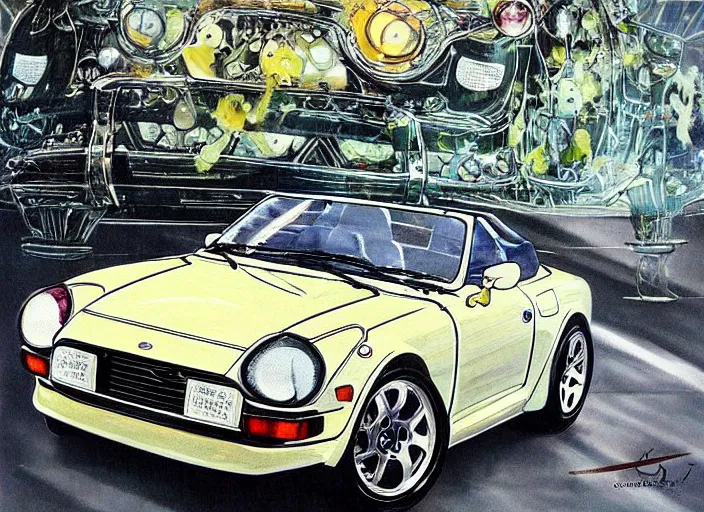 Image similar to beautiful yoshitaka amano art of a datsun fairlady roadster detailed painting