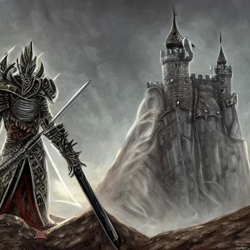 Image similar to black knight with raised broad sword standing atop castle, fantasy art, highly detailed, realistic, Diego Gisbert style,