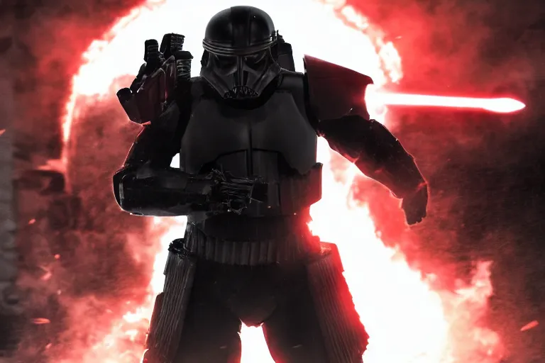 Prompt: reds eyes, all black armor, helghast soldier, kerberos panzer cop, sith trooper hybrid, in a still of illang the wolf brigade ( 2 0 1 8 ) film, vfx, post processed