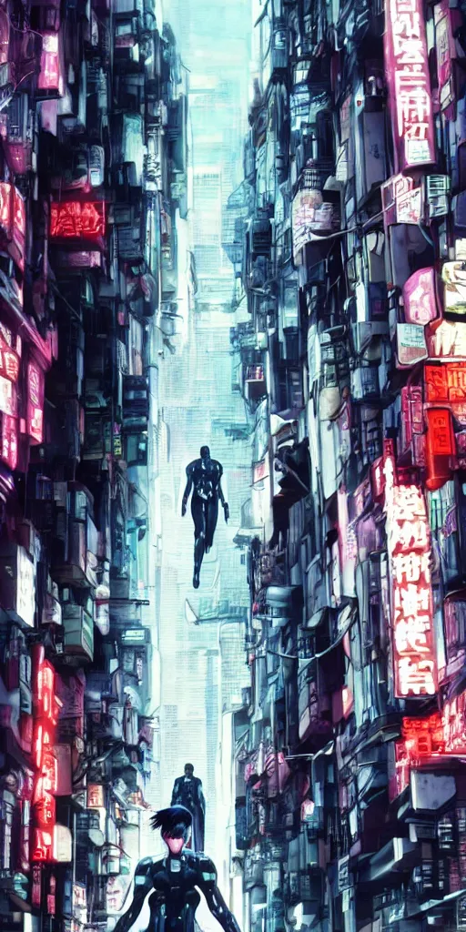 Image similar to ghost in the shell. cyborg running down the narrow street. cyberpunk city.