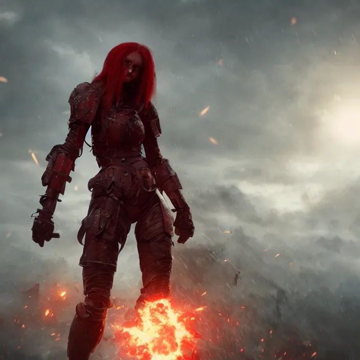 Image similar to a girl with a long red hair wearing a full-body red plate armor screaming in a battlefield, horror picture, hyperrealistic, concept art, octane render, unreal engine 5, 8K HDR, highly detailed, high quality, fantasy armor