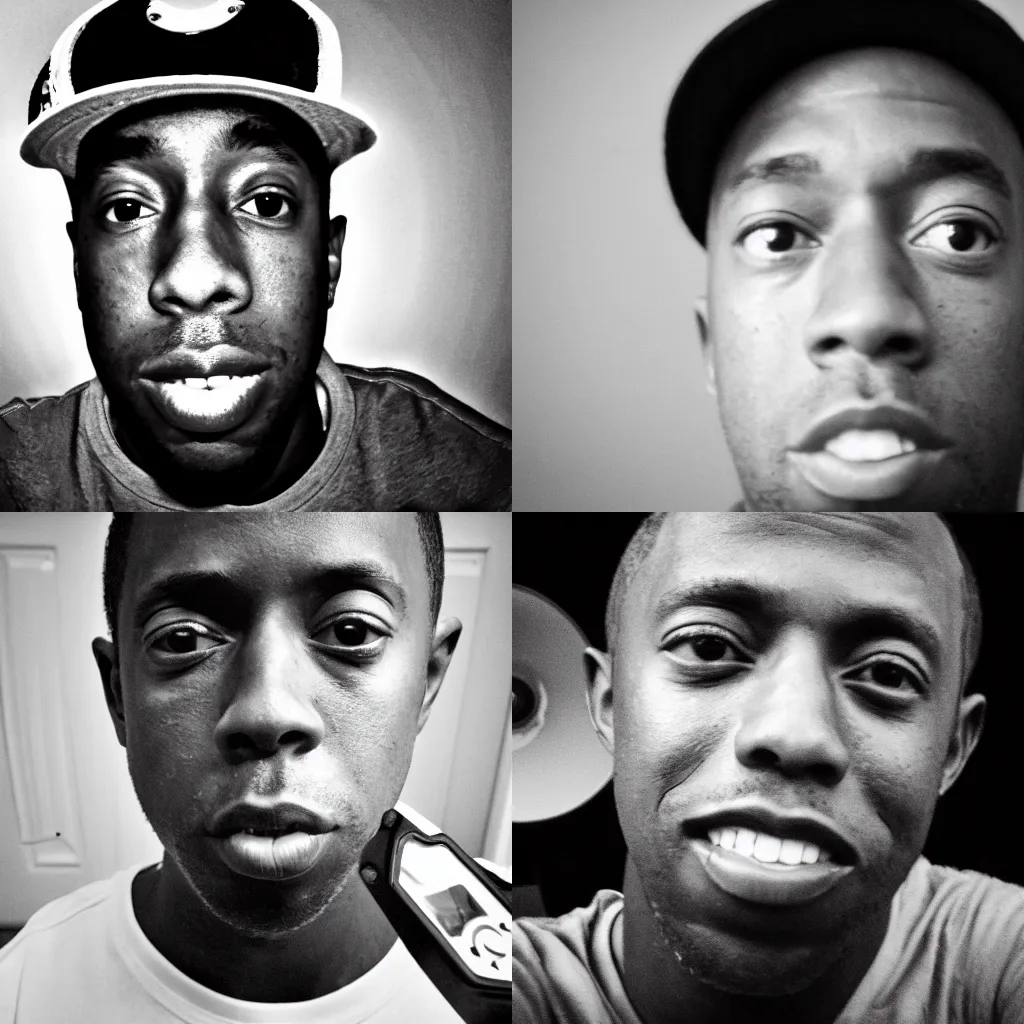 Prompt: close up photo of tyler the creator staring at me through my camera, fish eye lens, b&w, doorbell cam footage