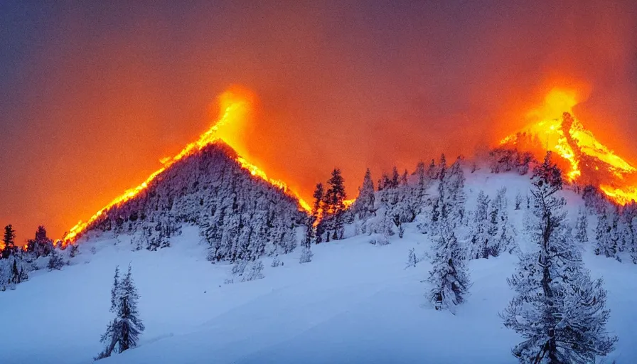 Prompt: a snow covered mountain with a single burning tree at the top of the snowy mountain, tree on fire on a snowy mountain top, landscape art, concept art, highly detailed, dramatic landscape, contrast lighting