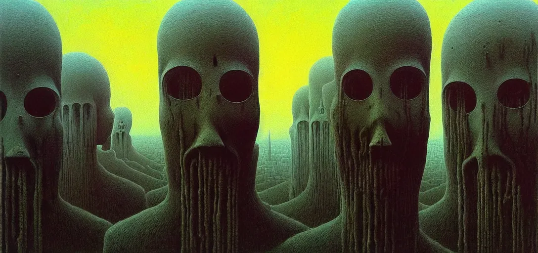 Image similar to highly detailed horror dystopian surreal painting of eerie head statues and buildings by zdzisław beksinski