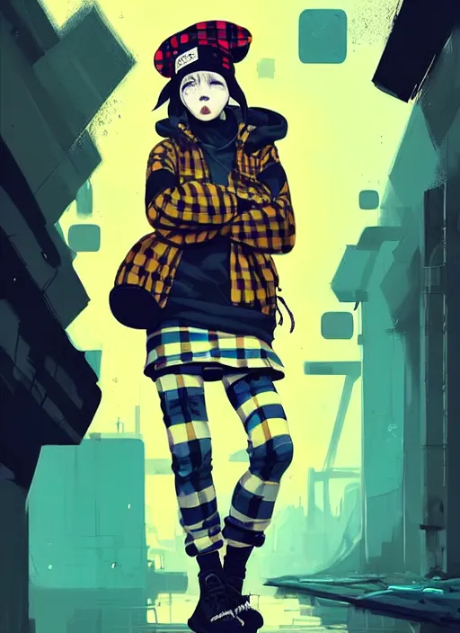 Image similar to highly detailed portrait of a sewer punk lady student, blue eyes, tartan hoody, hat, white hair by atey ghailan, by greg rutkowski, by greg tocchini, by james gilleard, by joe fenton, by kaethe butcher, gradient yellow, black, brown and cyan color scheme, grunge aesthetic!!! ( ( graffiti tag wall background ) )