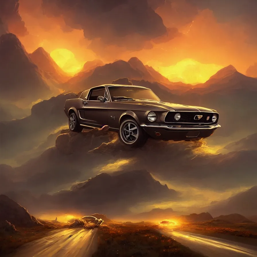 Image similar to a 1 9 6 8 mustang driving down a country road, coriolios rpg art style, full of details, warm sunset colors, matte painting, artstation, 8 k, hyperrealistic, style of peter mohrbacher, album cover, extreme long shot