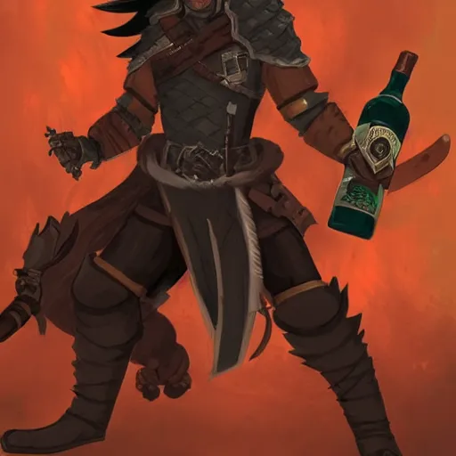 Image similar to DND concept character tan mercenary rogue, with long black hair, leather armor, possessed by a demon, holding a bottle of whisky