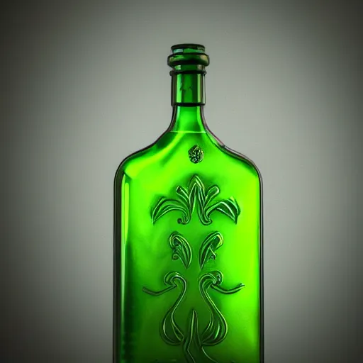 Image similar to hyper-realistic photo of a green absinthe bottle surrounded by blue smoke swirling around, unreal engine, cinematic, hyper-realistic, DOF