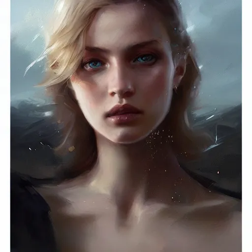 Image similar to full lentgth portrait of a young and beautiful blonde waif with piercing blue eyes, dramatic light, gorgeous view, depth, high detail, digital art, painted by greg rutkowski and vogue, trending on artstation