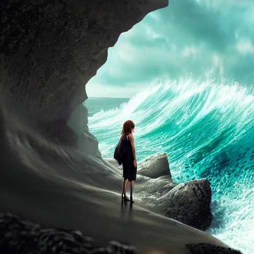 Image similar to photograph with stylish lens effect, pixar inspired, stylistic lighting, 1 9 8 0's action moviee style, weta digital, octane render, a woman in a black dress and a hair covering standing in the cliffside entrance to a cave alongside crashing dramatic ocean waves with sea foam and sea spray