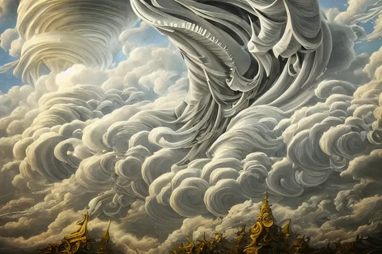 Prompt: a huge flock of many elaborate intricate smooth sculptural whirling elegant clouds puffy filigreed twisting turning cloud sculptures, tornadoes, art nouveau military environment, soothing, crepuscular, award winning art, epic dreamlike fantasy landscape, ultra realistic,