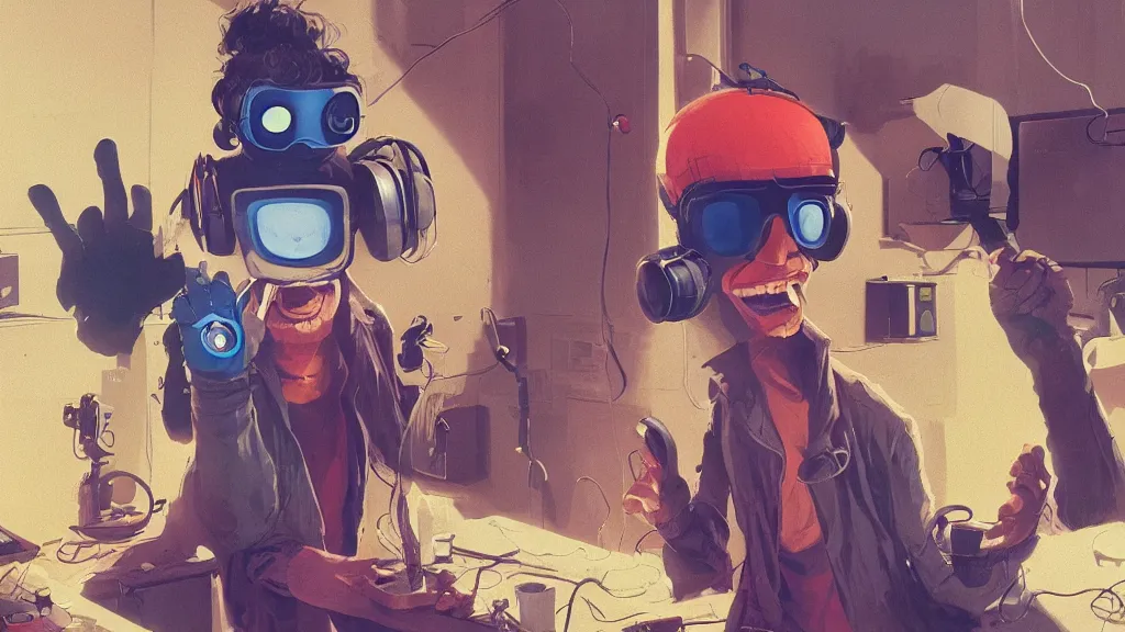 Prompt: happy hacker at a computer in a vr mask in a scifi movie, by jamie hewlett, nuri iyem, james gurney, james jean, greg rutkowski, anato finnstark. pixar. hyper detailed, 5 0 mm, perfect faces