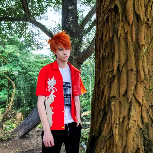 Image similar to orange - haired anime boy, 1 7 - year - old anime boy with wild spiky hair, wearing red jacket, standing under treehouse in city plaza, urban plaza, treehouse hotel, large tree, ultra - realistic, sharp details, subsurface scattering, blue sunshine, intricate details, hd anime, 2 0 1 9 anime